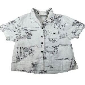 Chicos Linen Shirt Black White 2 Mexican Western Print Southwest Short‎ Sleeve